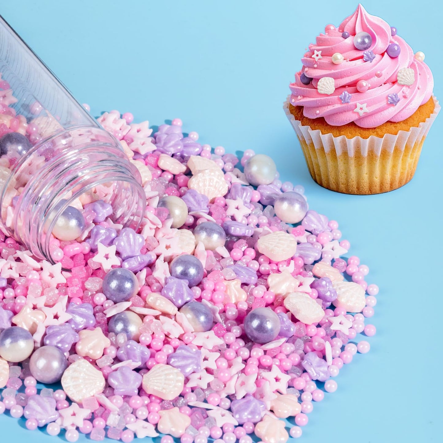Edible Shell Sprinkles Cake Decorating,Pink Purple Pearl Sugar,Mix Sea Beach Stars Sprinkles, Pastel Baking Candy,Ocean Cupcake,
