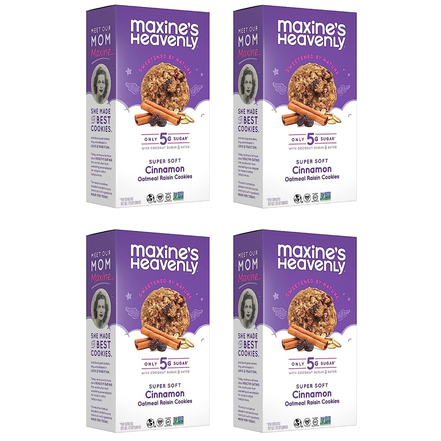 Maxines Heavenly Cinnamon Oatmeal Raisin Cookies | Gluten Free, Made With Oats, Sweetened With Coconut Sugar & Dates | Tasty Low Sugar Vegan Dessert | 7.2 Ounces Each (4 Pack)