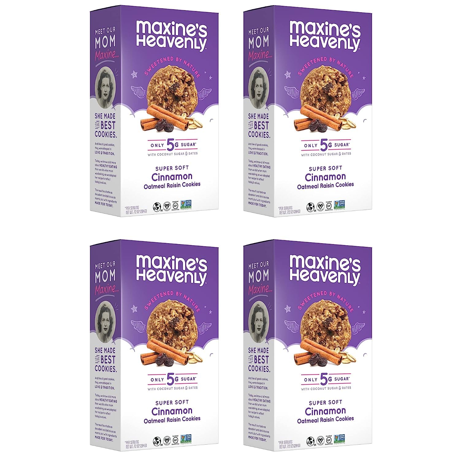 Maxines Heavenly Cinnamon Oatmeal Raisin Cookies | Gluten Free, Made With Oats, Sweetened With Coconut Sugar & Dates | Tasty Low Sugar Vegan Dessert | 7.2 Ounces Each (4 Pack)