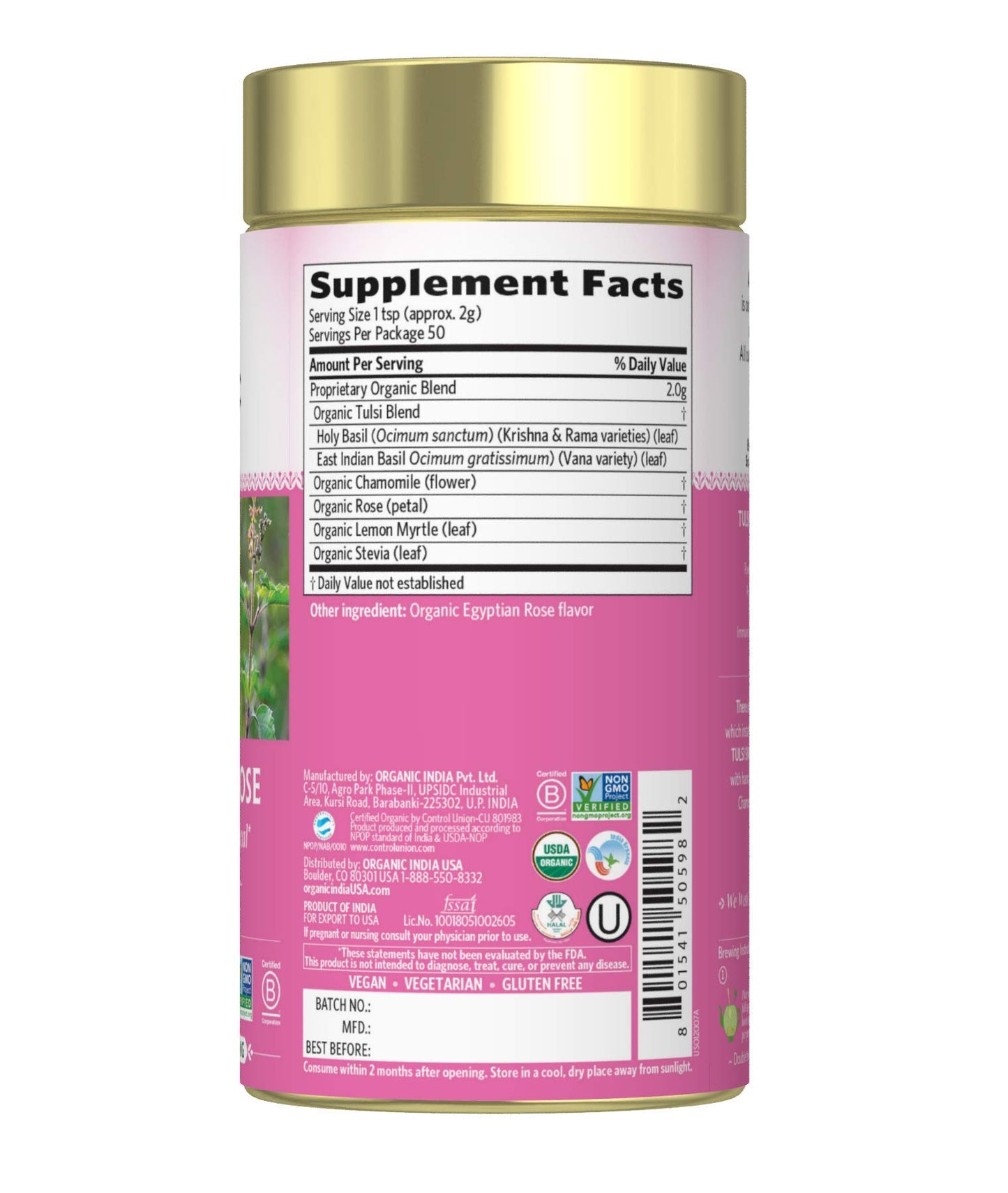 ORGANIC INDIA Tulsi Sweet Rose Herbal Tea - Caffeine-Free, Stress Relieving, Immune Support - 3.5 oz Canister - USDA Certified Organic