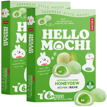 Pocas Hello Mochi, Honeydew 2-Pack - Soft and Chewy Japanese Snacks, Sweet Rice Cake, Marshmallow & Honeydew Jam Dessert, Gluten
