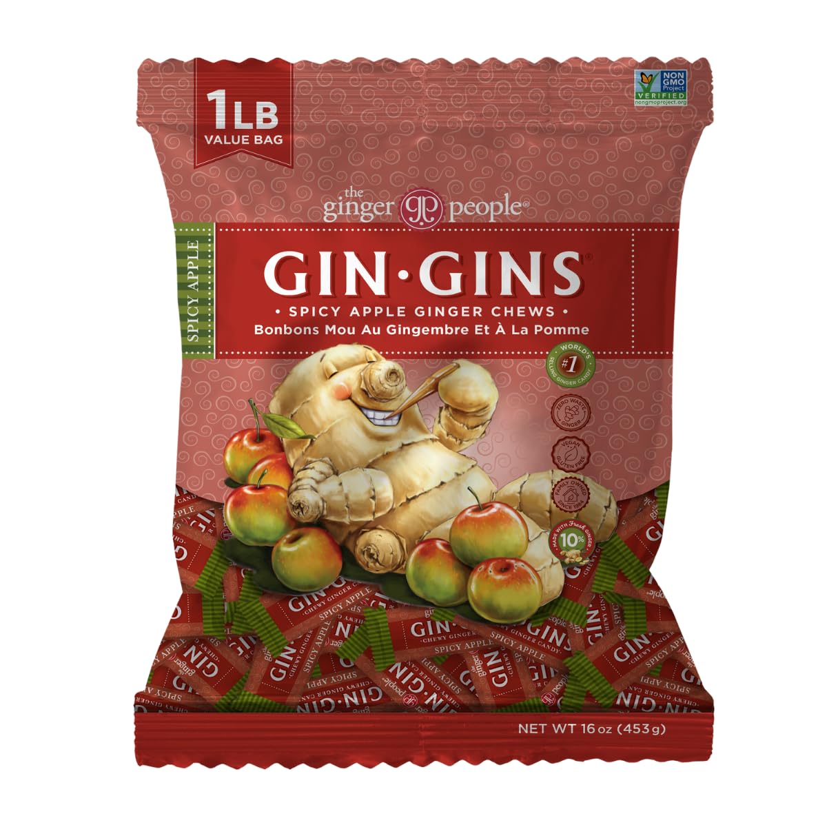 The Ginger People GIN GINS Spicy Apple Ginger Chews - Natural Ginger Candy - 1 lb Bag - Individually Wrapped