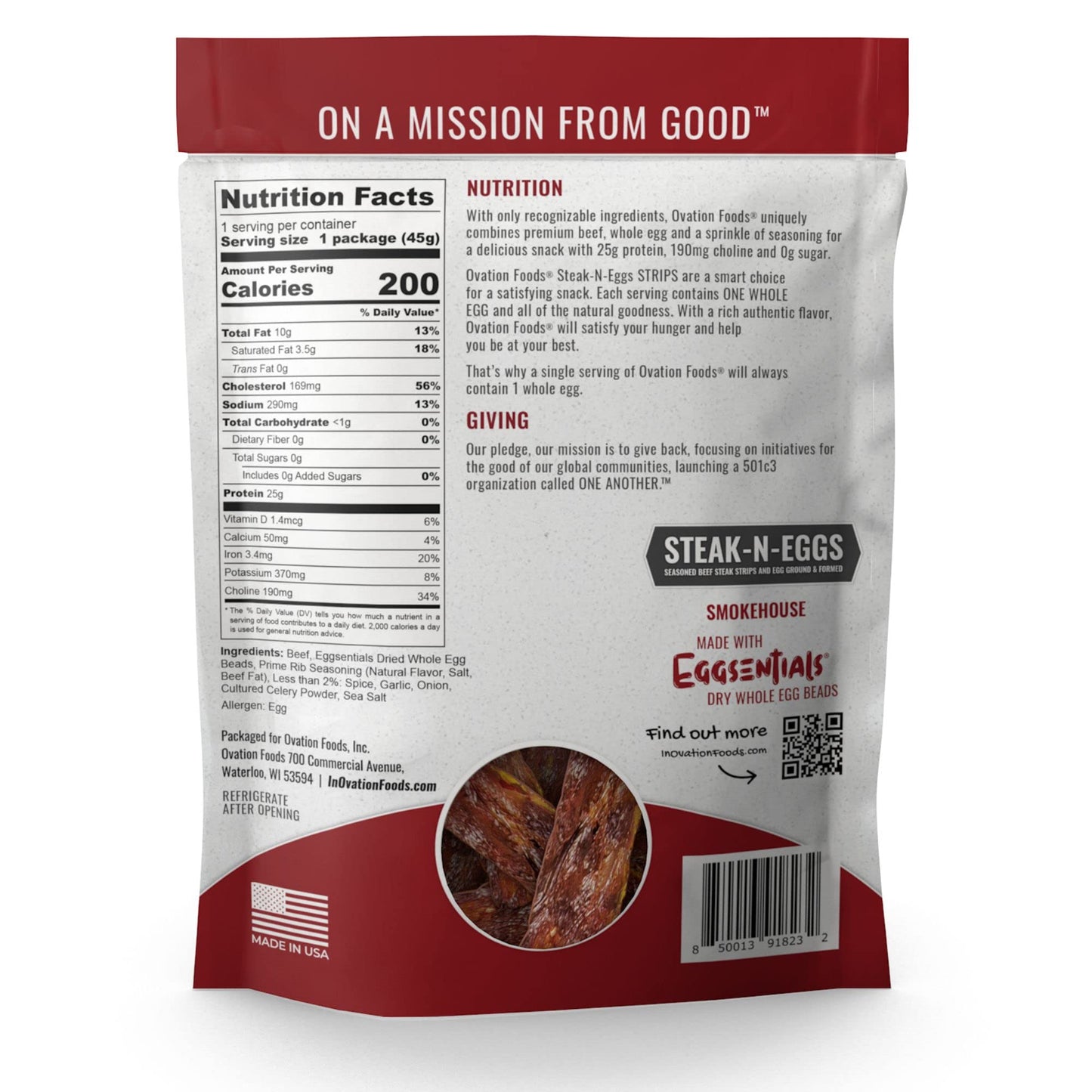 Ovation Foods Steak-N-Eggs Beef Strips, High-Protein Jerky, Gluten Free, KETO, 1.6oz Bag