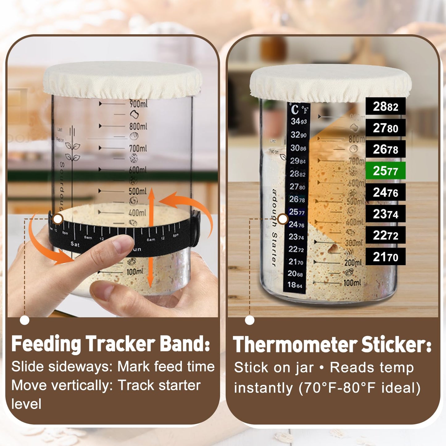 Sourdough Bread Starter Jar Kit - 2 Pcs 34Oz Glass Containers With Lids For Sourdough, 2 Baking Mats, Feeding Band, Thermometer Sticker, Bread Baking Tool Supplies For Homemade Baker Beginner Gift