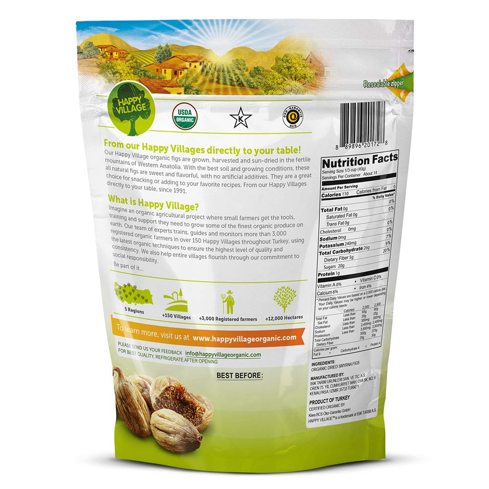 Organic Turkish Dried Figs, No Sugar Added Dried Fruit | Happy Village | 20 Oz Fresh Packed - Unsweetened Unsulfured Fruits - Sun Dry Smyrna Fig