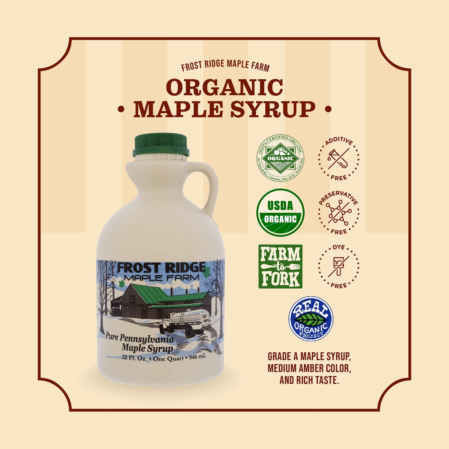 Frost Ridge Maple Farm Organic Maple Syrup Grade A Medium Amber Quart (32 FL OZ)
