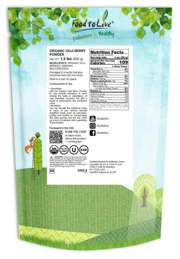 Food To Live Organic Goji Berry Powder, 1.5 Pounds Non-Gmo, Kosher, Vegan, Bulk, Contains Maltodextrin