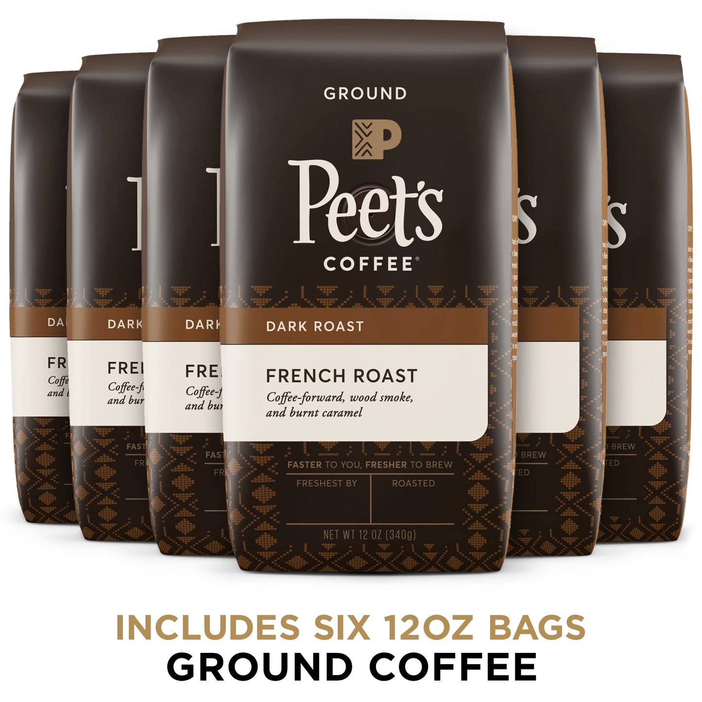Peets Coffee Dark Roast Ground Coffee, French Roast, 72 Ounces (6 x 12 Ounce Bags), Brown Coffee Grounds