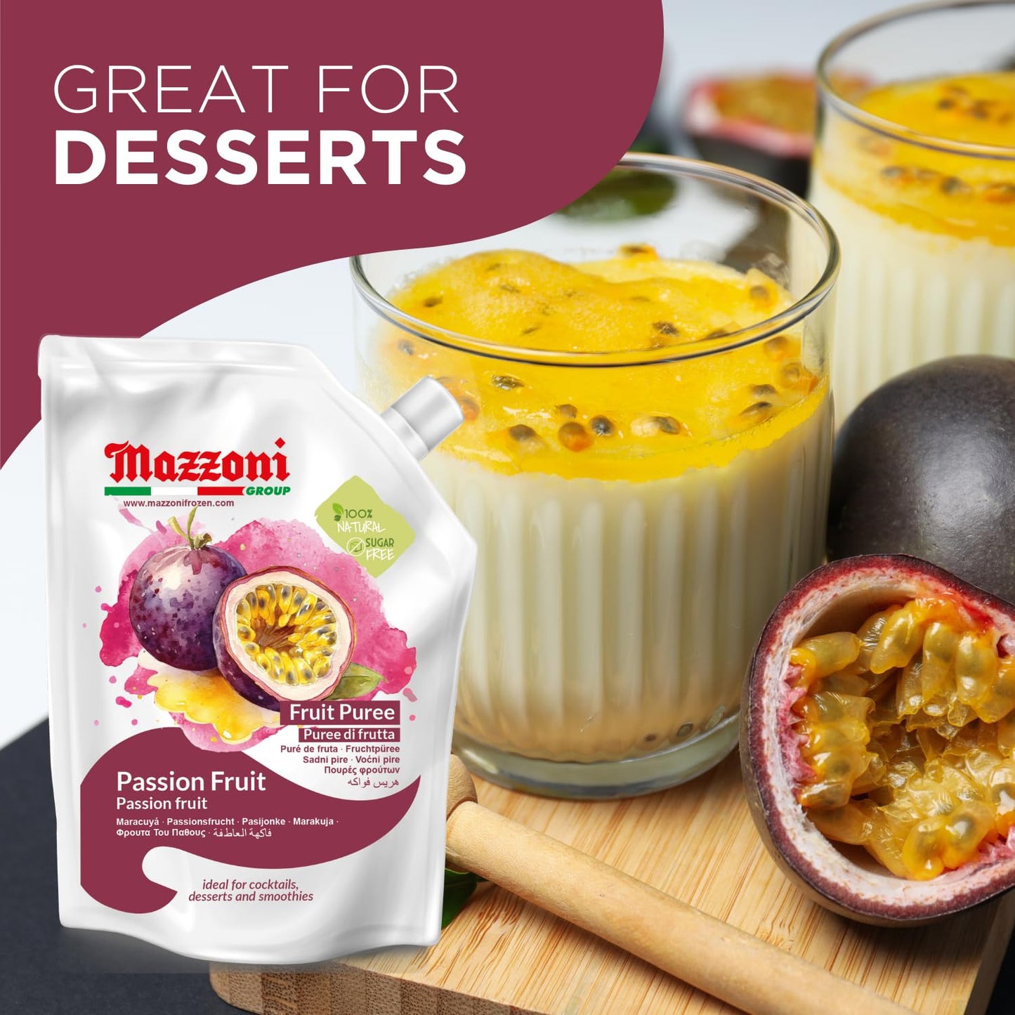 Mazzoni Passion Fruit Puree, 100% Pure Passion Fruit, Maracuya, Just Fruit, No Sugar Added, 2.2 Lbs (35.2 Oz) Real Fruit For Smo