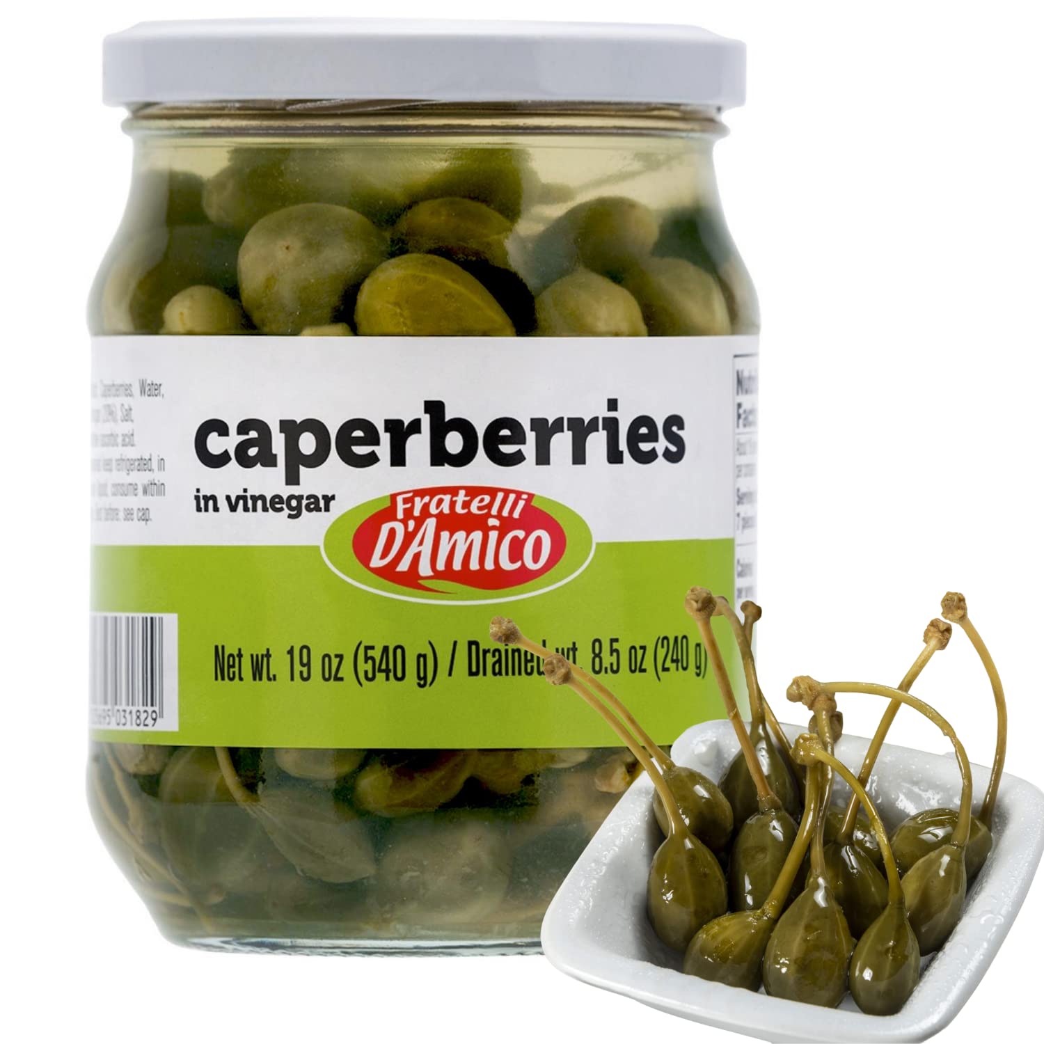 Caperberries, Premium Qulaity, First Selection, Pickled, Capers, Family Size, 19Oz (540G), Non-Gmo, Fratelli D'Amico, Product Of