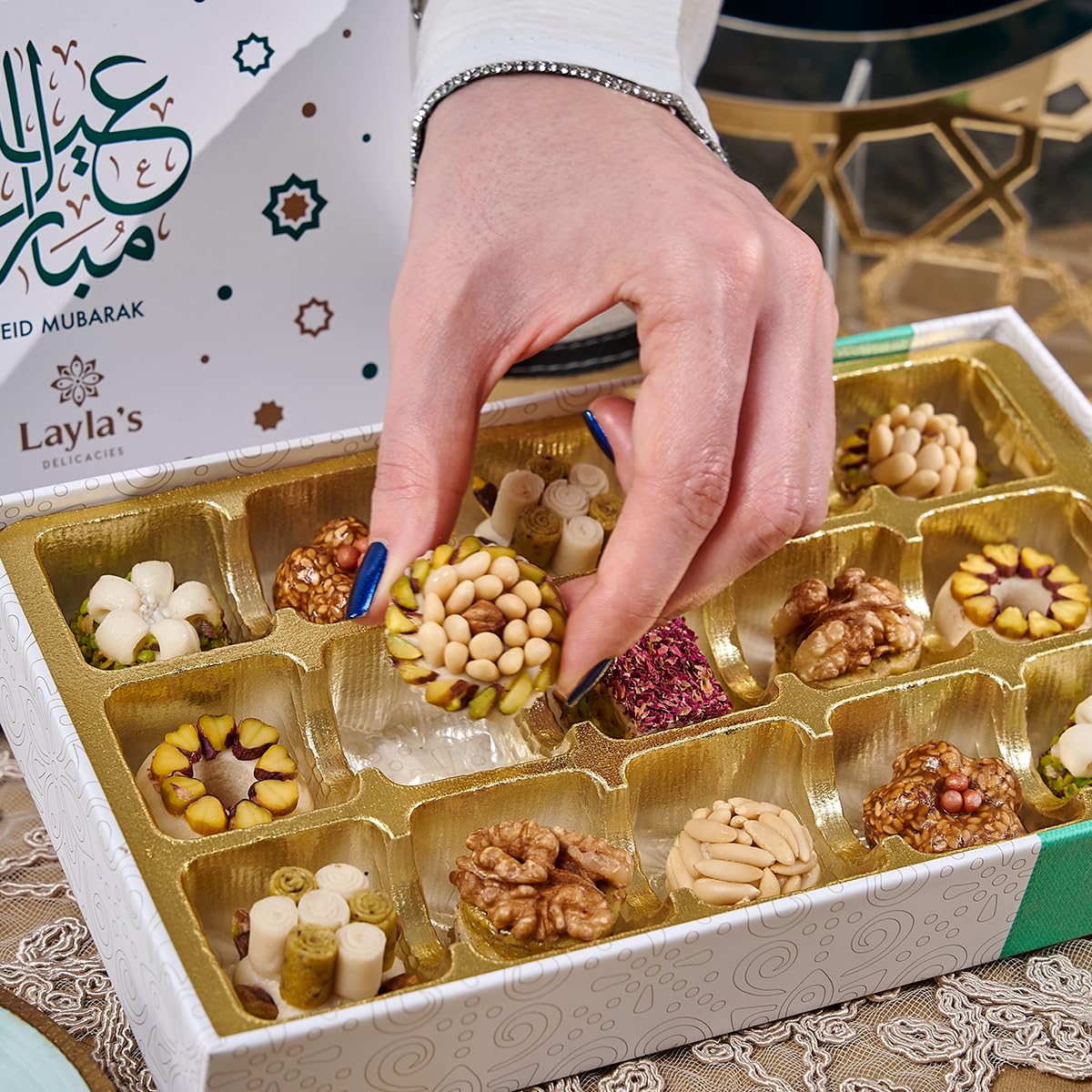Laylas Delicacies Mediterranean Treats Gift Box For Eid Mubarak - Handmade Healthy Mixed Nutty Flavors Pastries - Halal, Vegetar
