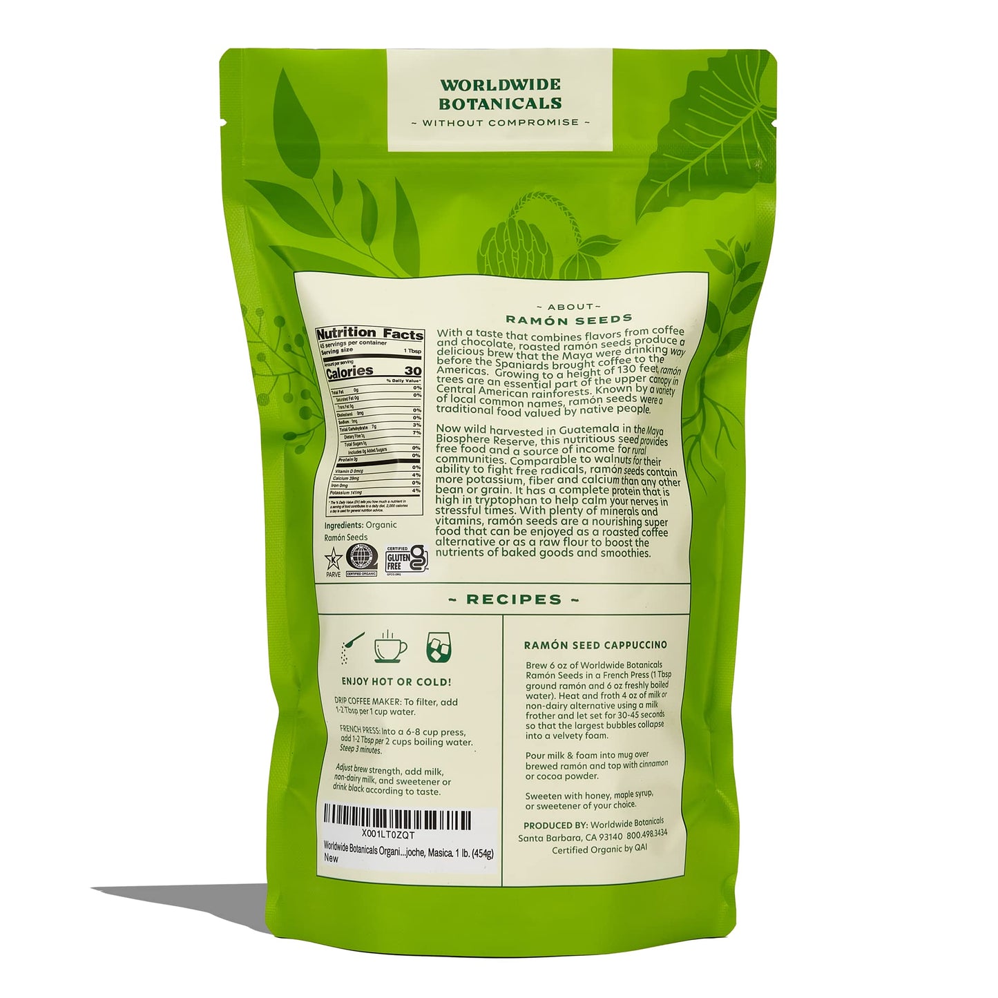 Worldwide Botanicals Organic Ramón Seeds, Dark Roast Coffee Alternative, Gluten-Free, 16 Ounce