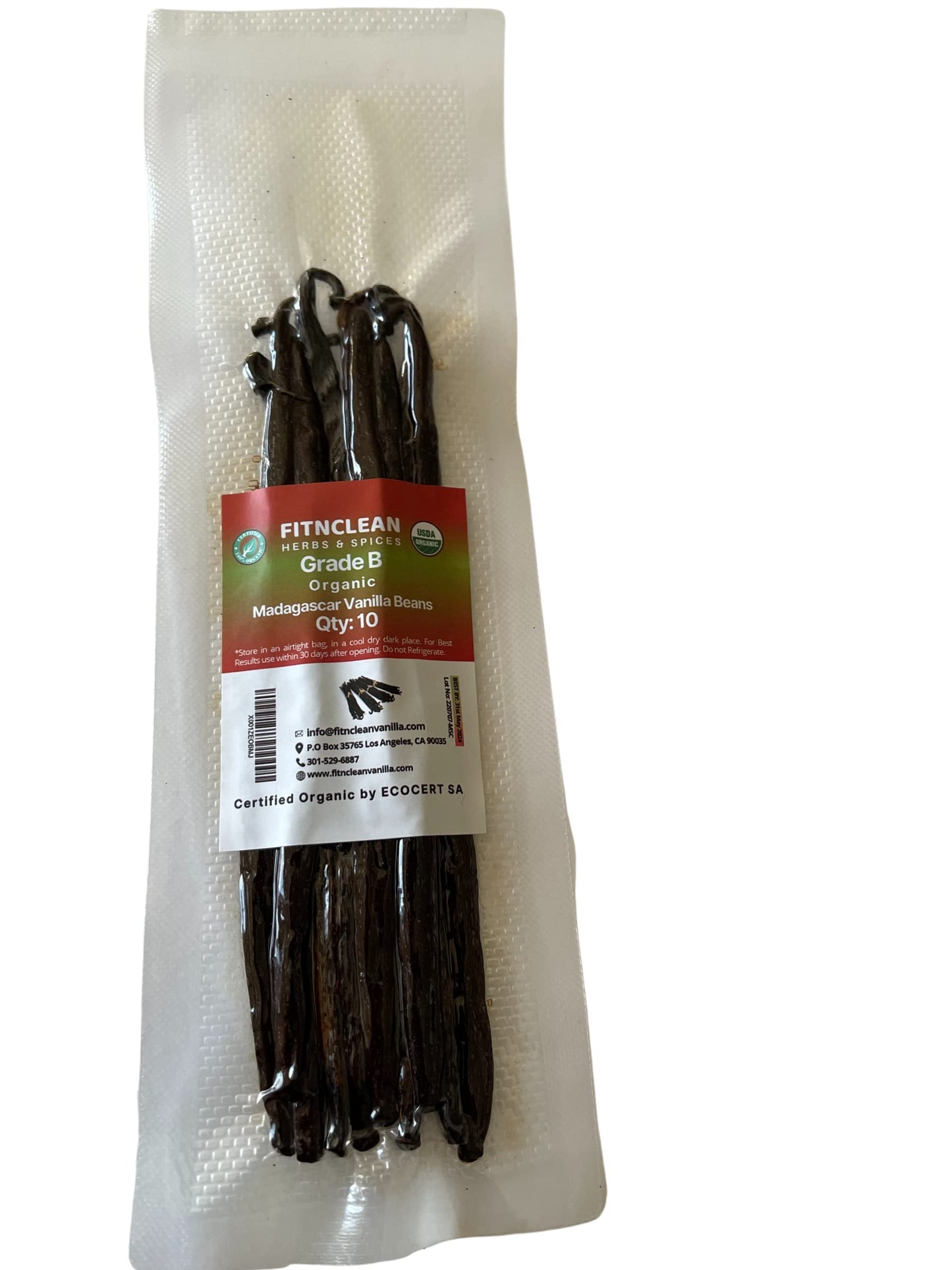 FITNCLEAN VANILLA Organic Madagascar Vanilla Beans Grade B, 10 Count, 5.5-7 Non-GMO spirit-inspired flavor Pods for Extract and Cooking