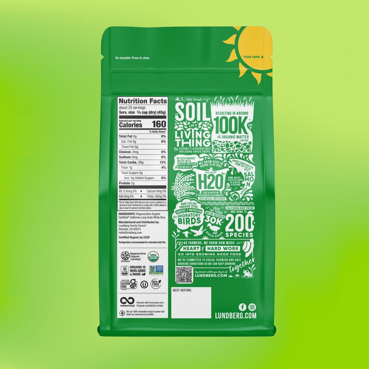 Lundberg White Rice, Regenerative Organic Certified - Non-Sticky, Aromatic Long Grain Rice, Responsibly Grown in California, 32