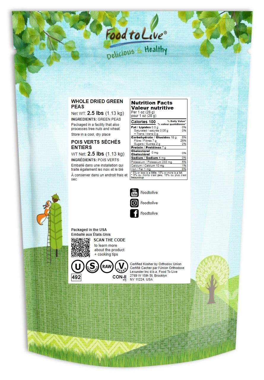 Whole Dried Green Peas, 2.5 Pounds - Green Vatana, Sproutable, Vegan, Kosher, Bulk. Pre-Soak Needed. Rich In Protein, Fiber, Pot