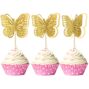 Gyufise 24 Pack 3D Butterfly Cupcake Toppers Assembled Double Layers Gold Glitter Butterfly Cupcake Picks Decorations For Baby S