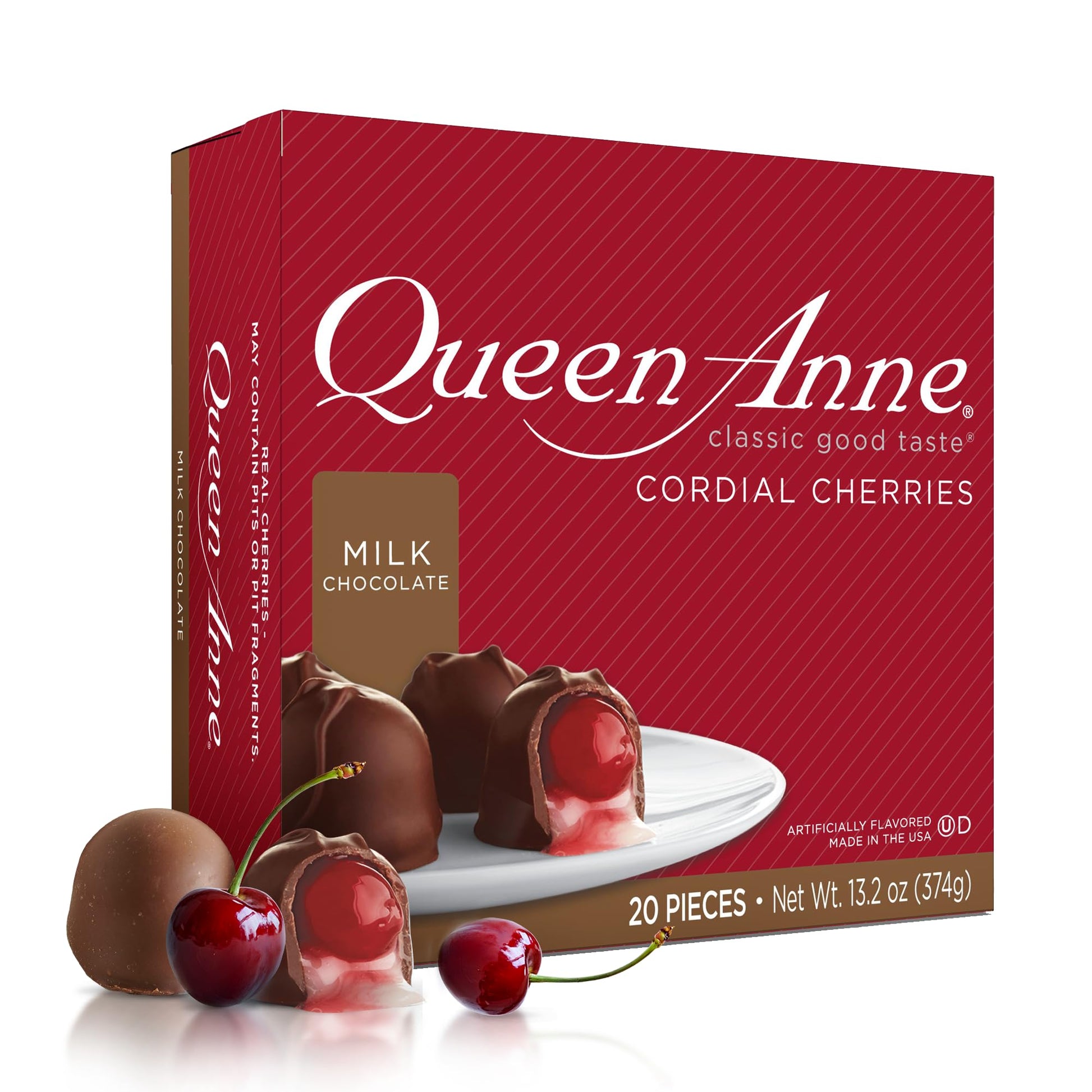 Queen Anne Milk Chocolate Covered Cordial Cherries | 13.2 oz | 20 Piece Gift Box | Whole Maraschino Cherry Creamy Filled Liquid 