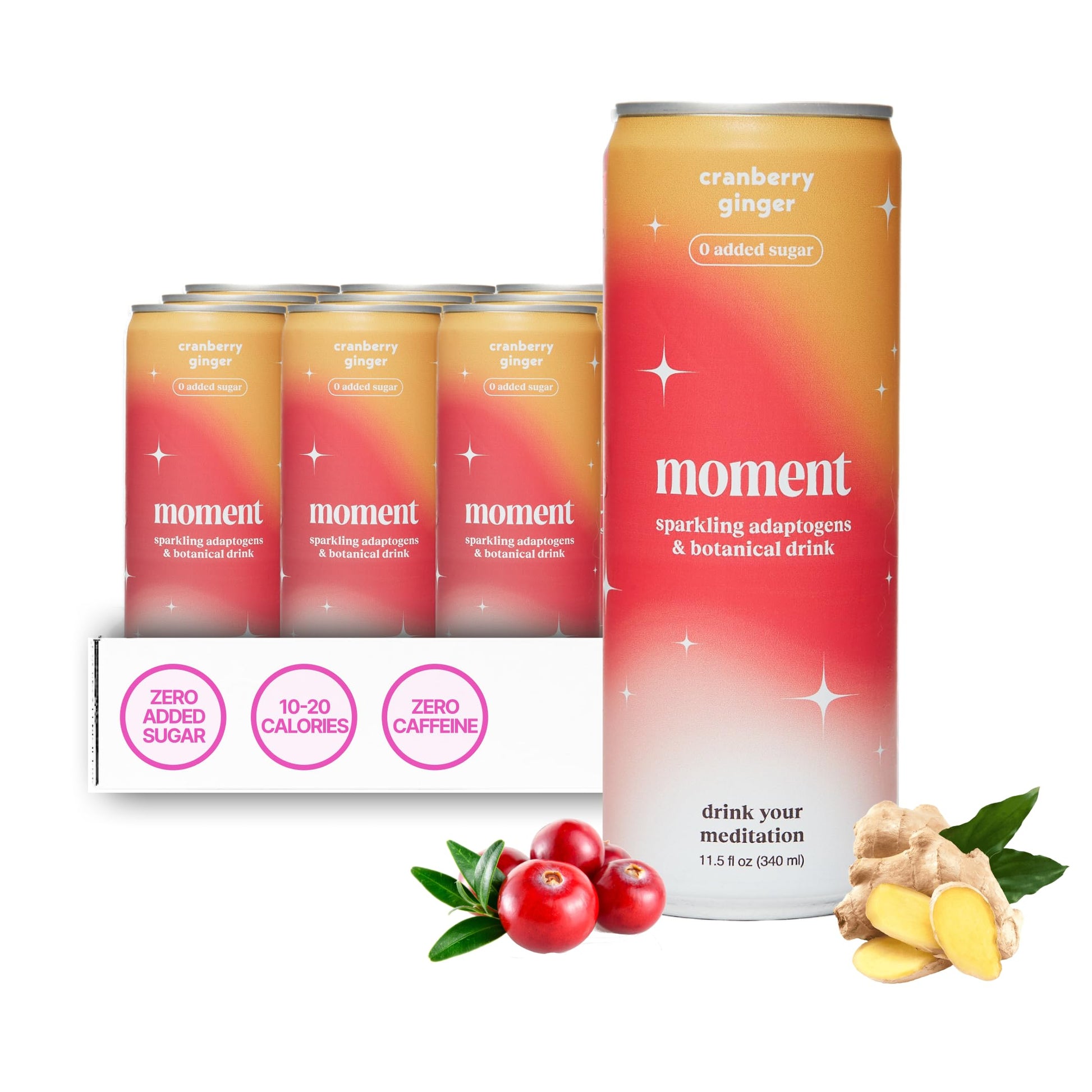 Drink Your Meditation Moment Botanical Soda - Sparkling Cranberry Ginger, Non-Alcoholic, 11.5 Fl Oz, 12-Pack
