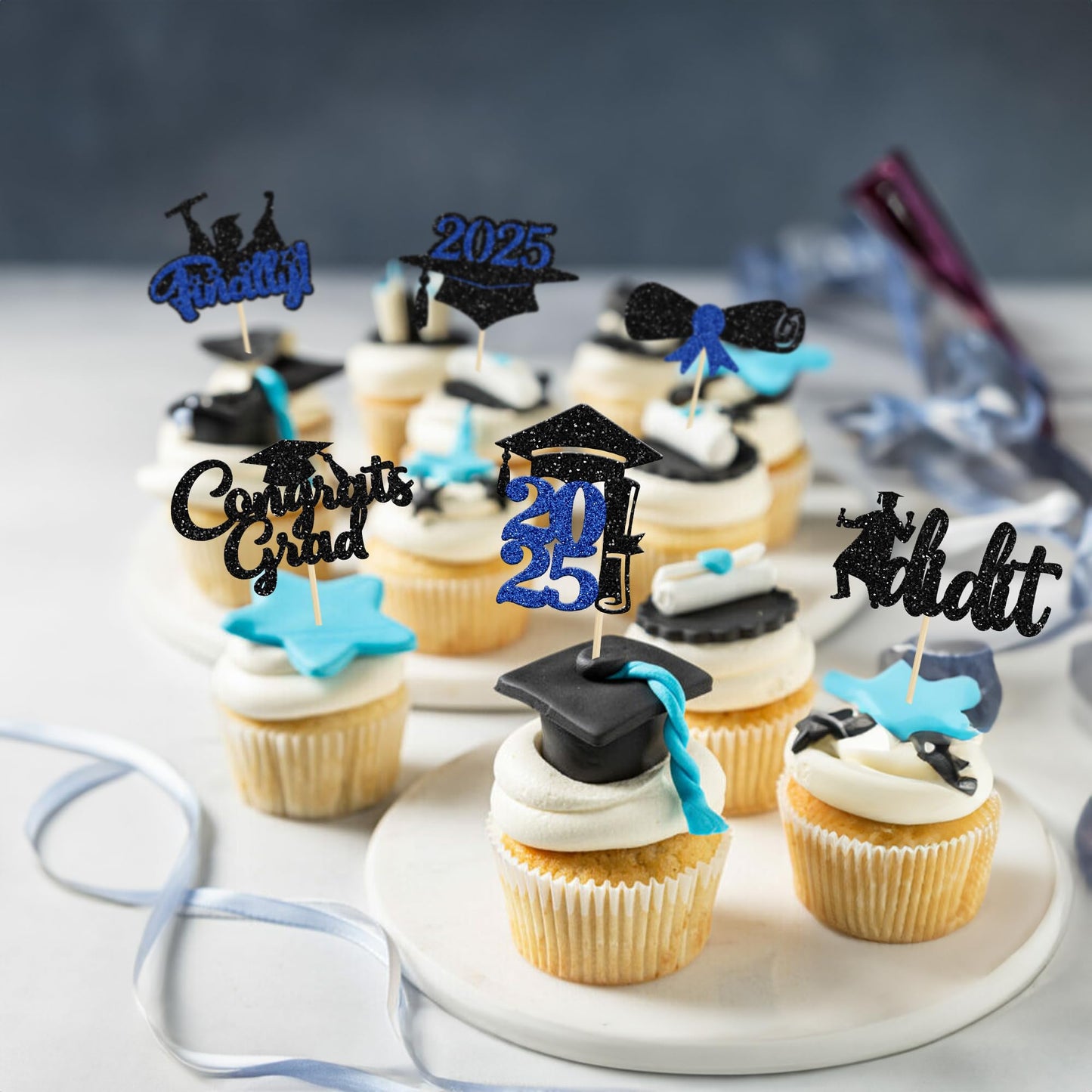 Gyufise 24Pcs 2025 Graduation Theme Cupcake Toppers Deep Blue Glitter Class Of 2025 Diploma I Did It Congrats Grad Cap Cupcake P