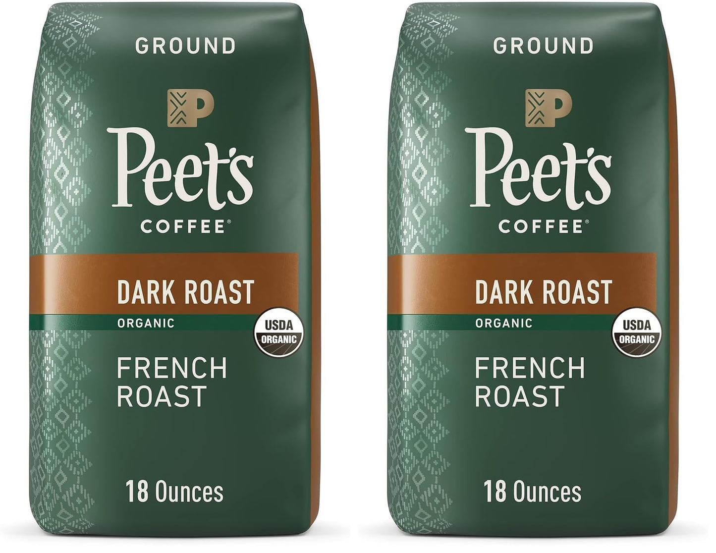 Peets Coffee Dark Roast Ground Coffee | USDA Organic | French Roast | 36 Ounces | 2 Bags