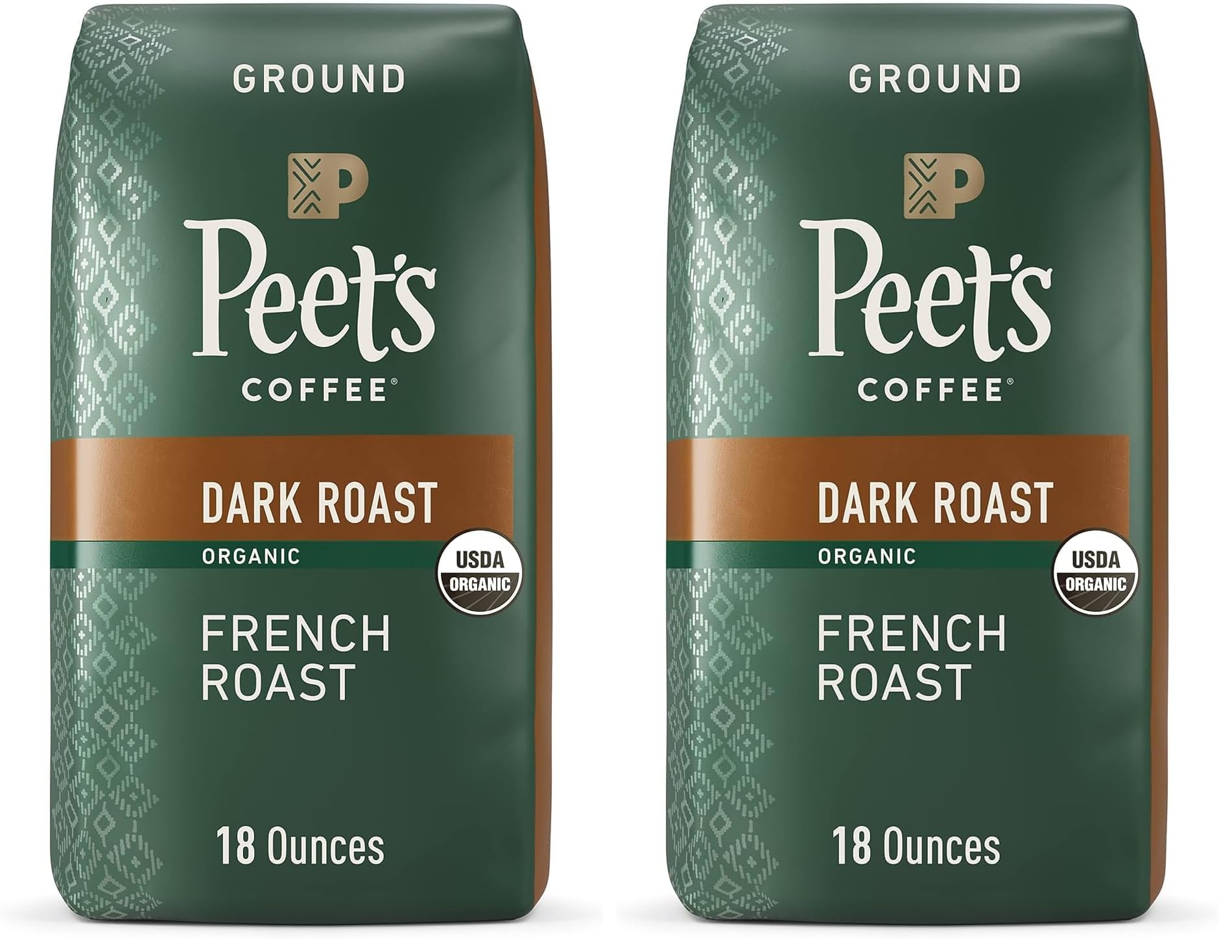 Peets Coffee Dark Roast Ground Coffee | USDA Organic | French Roast | 36 Ounces | 2 Bags