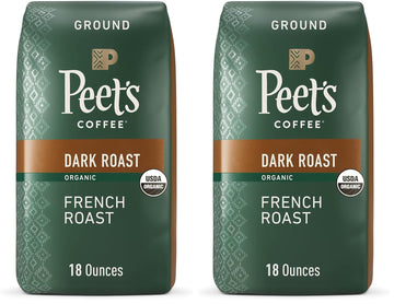 Peets Coffee Dark Roast Ground Coffee | USDA Organic | French Roast | 36 Ounces | 2 Bags