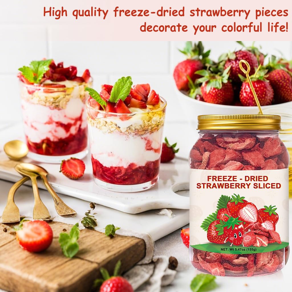 SEAYOFA Freeze Dried Strawberries Sliced - Vegan, Preservative Free Snack - 5.47oz Resealable Jar for Baking &