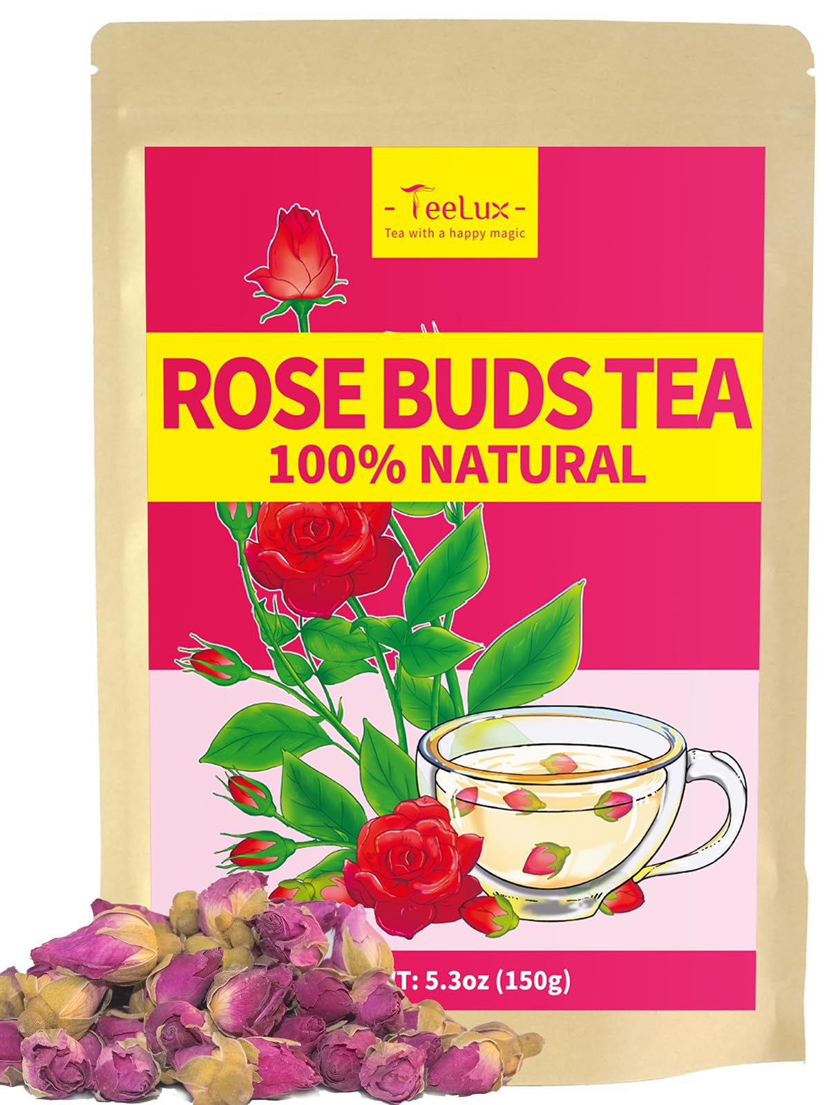 TeeLux Rose Buds Tea, Natural Dried Herbal Tea, Culinary Food Grade, 5.3oz