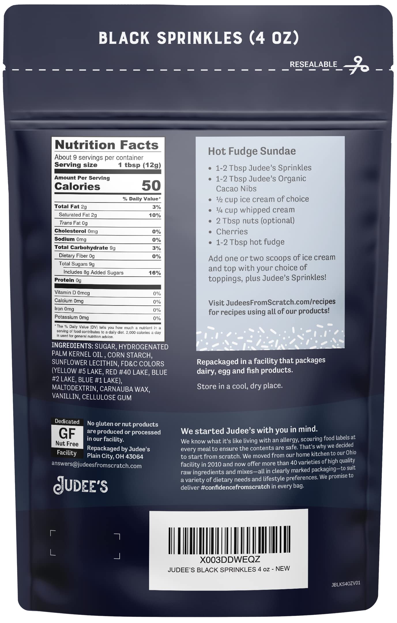 Judees Black Sprinkles - 4 oz Gluten-Free Baking and Topping Sprinkles