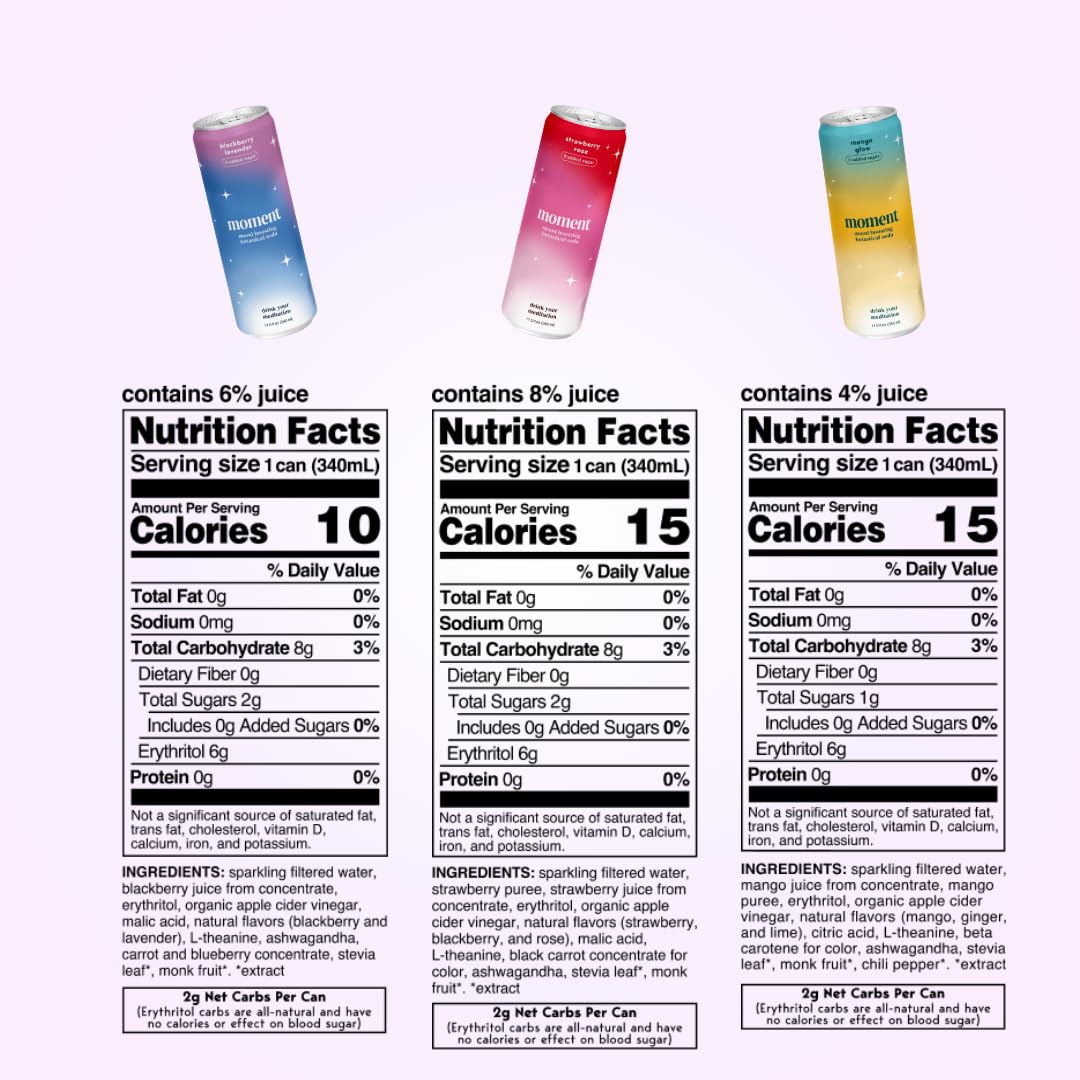 Moment Adaptogen Drink (Shark Tank) - SPARKLING Fruity Fun | Strawberry Rose  Mango Chilli  Plum Ginseng | L-Theanine & Ashwagandha for Calm & Clarity | 0 Added Sugar  0 fermented-style flavor | 12-pack