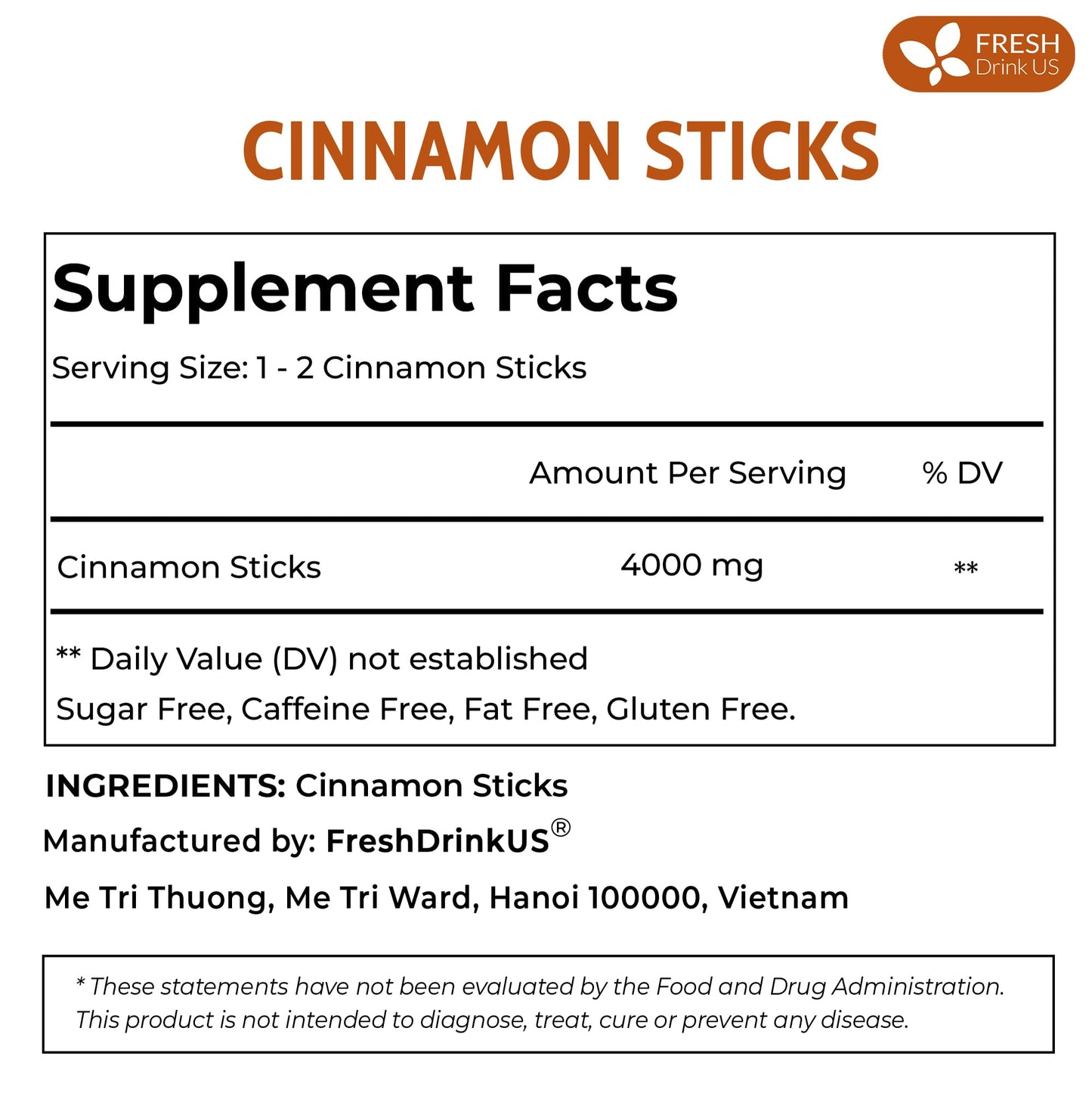 Freshdrinkus, 150-160 Cinnamon Sticks, 2 ¾”, 100% Pure & Natural, Strong Aroma, Great For Baking, Cooking, Beverages & Gift, No Additives, Vegan, Cinnamon Stick