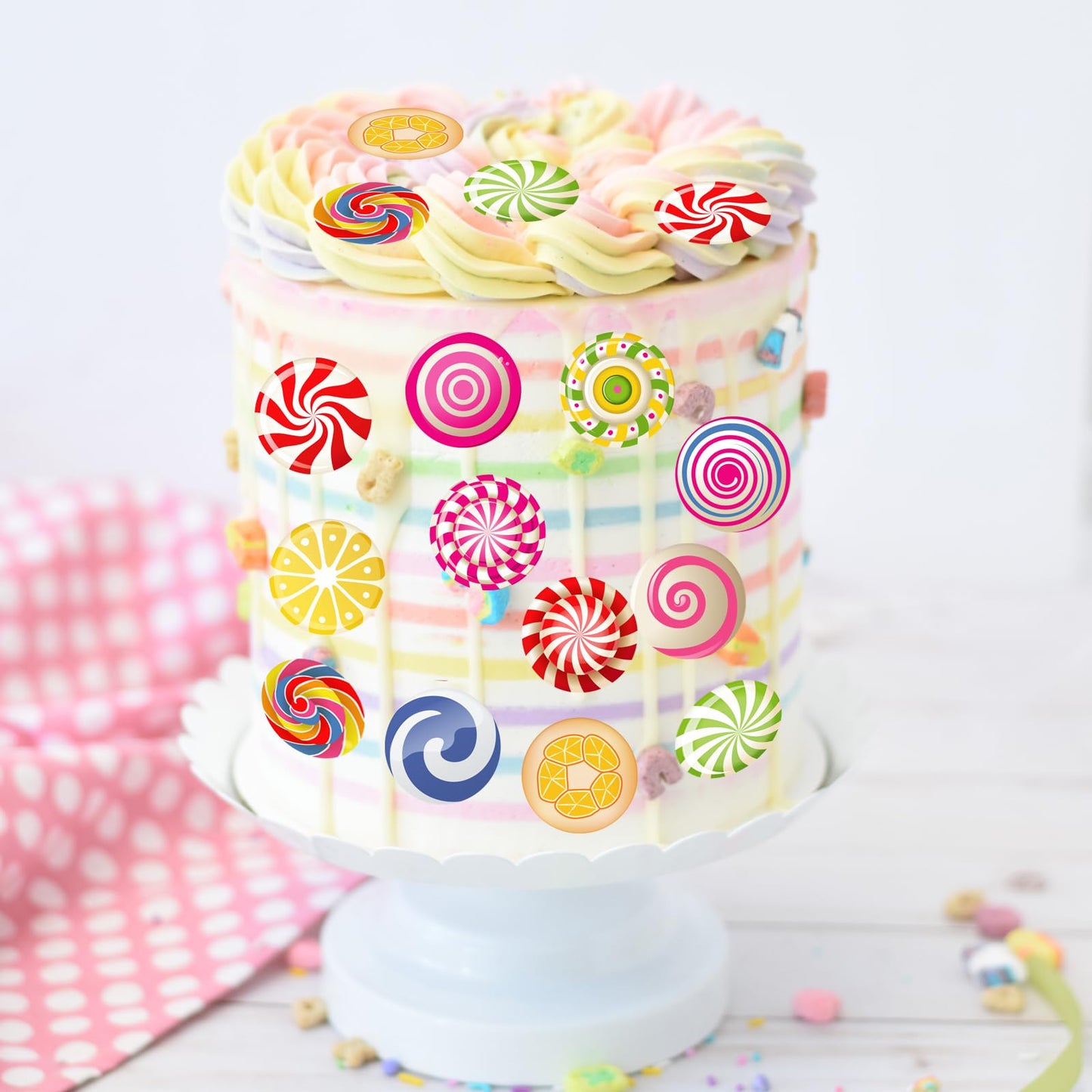 Fyeoxle 36Pcs Edible Candyland Cupcake Toppers Wafer Paper Lollipop Garland Cupcake Decor Wafer Sheet Edible Candy Dessert Picks