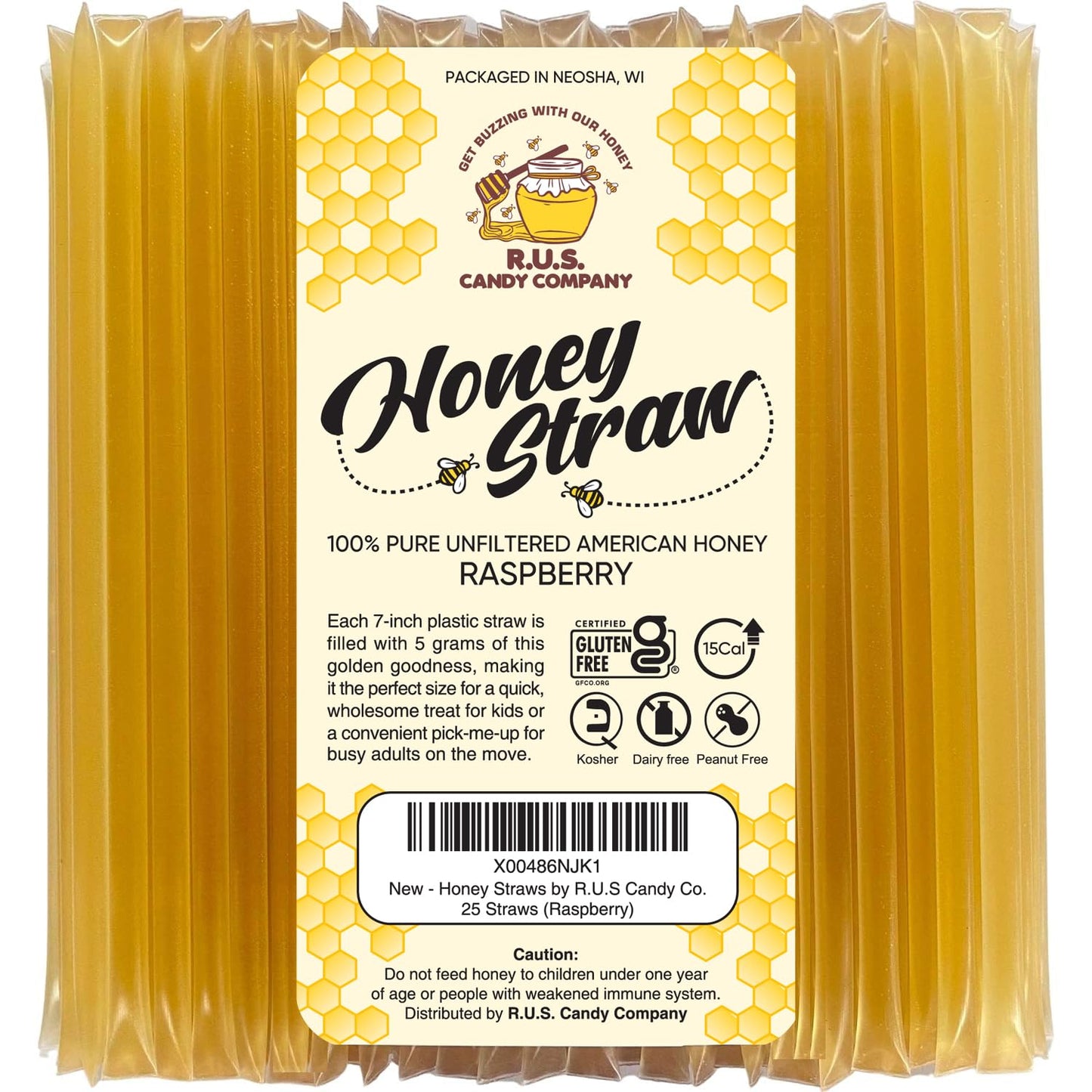R.U.S. Candy Honey Sticks - 25 Pack Single Serve Natural Flavor - Raspberry