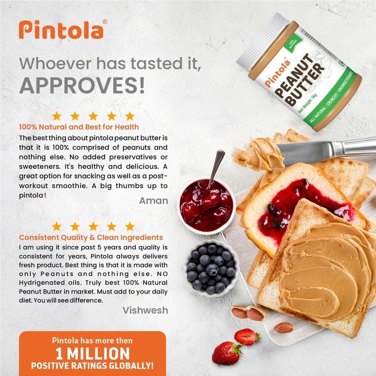 Pintola All Natural Peanut Butter (Crunchy) | Unsweetened | 30G Protein | Non Gmo | Gluten Free | Vegan | Cholesterol Free (1Kg)