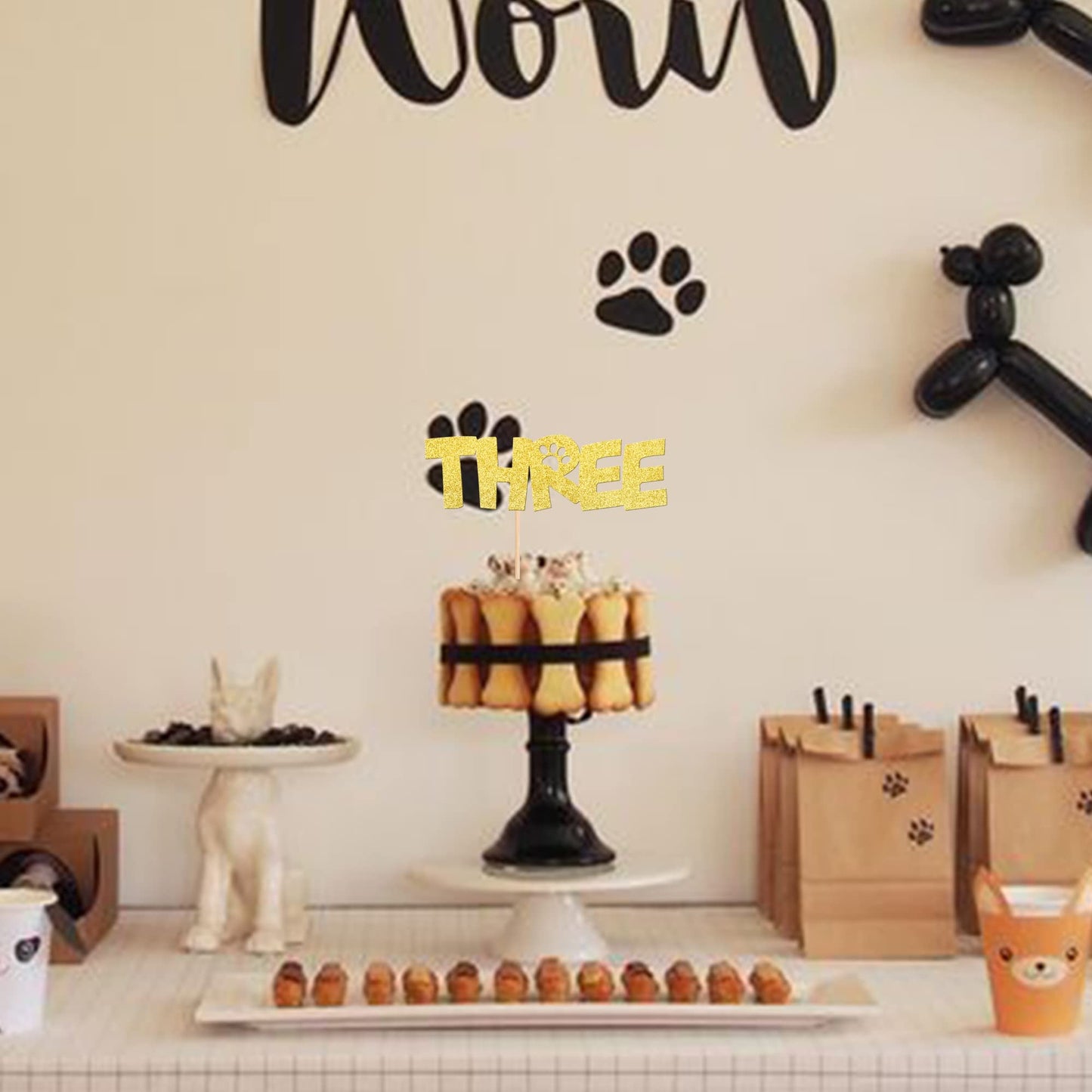 1 Pcs Three Cake Topper Gold Glitter Dog Paw 3 Years Old Birthday Cake Pick Decorations For Puppy Dog Let'S Pawty For Kids Boys
