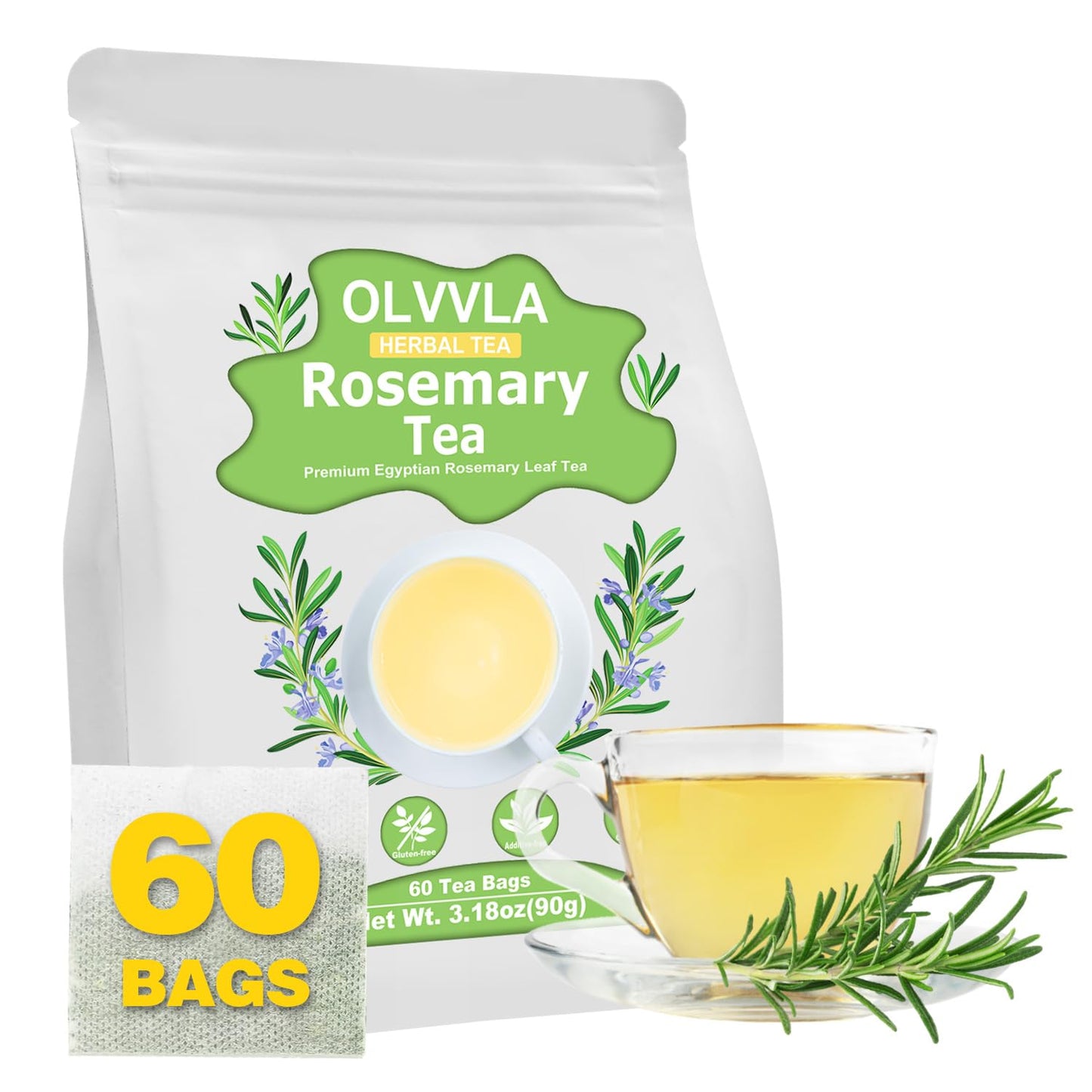 Olvvla Rosemary Tea Bags - 1.5g, 60 Count - Pure Natural Dried Rosemary Leaves, Non-GMO, Caffeine-free, Support Digestion