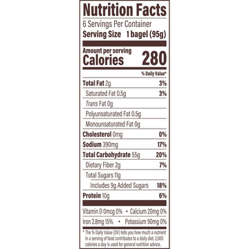 Thomas Cinnamon Swirl Bagels  6 count  (3.33 oz each)  10g Protein  Kosher Cinnamon Bagels  20 oz Bag