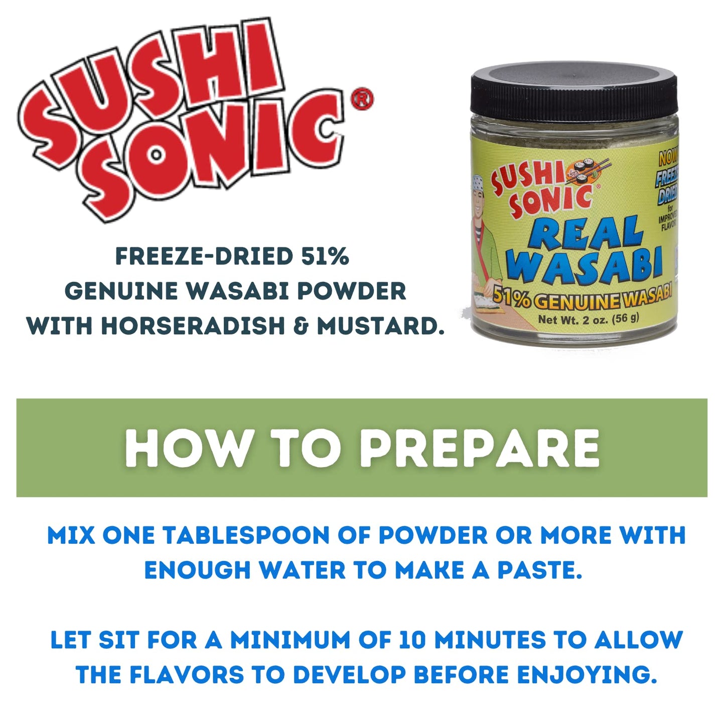Sushi Sonic 51% Real Wasabi Powder, for Sushi, Sashimi, Snack Topping, No Dyes or Fillers, 2 oz jar