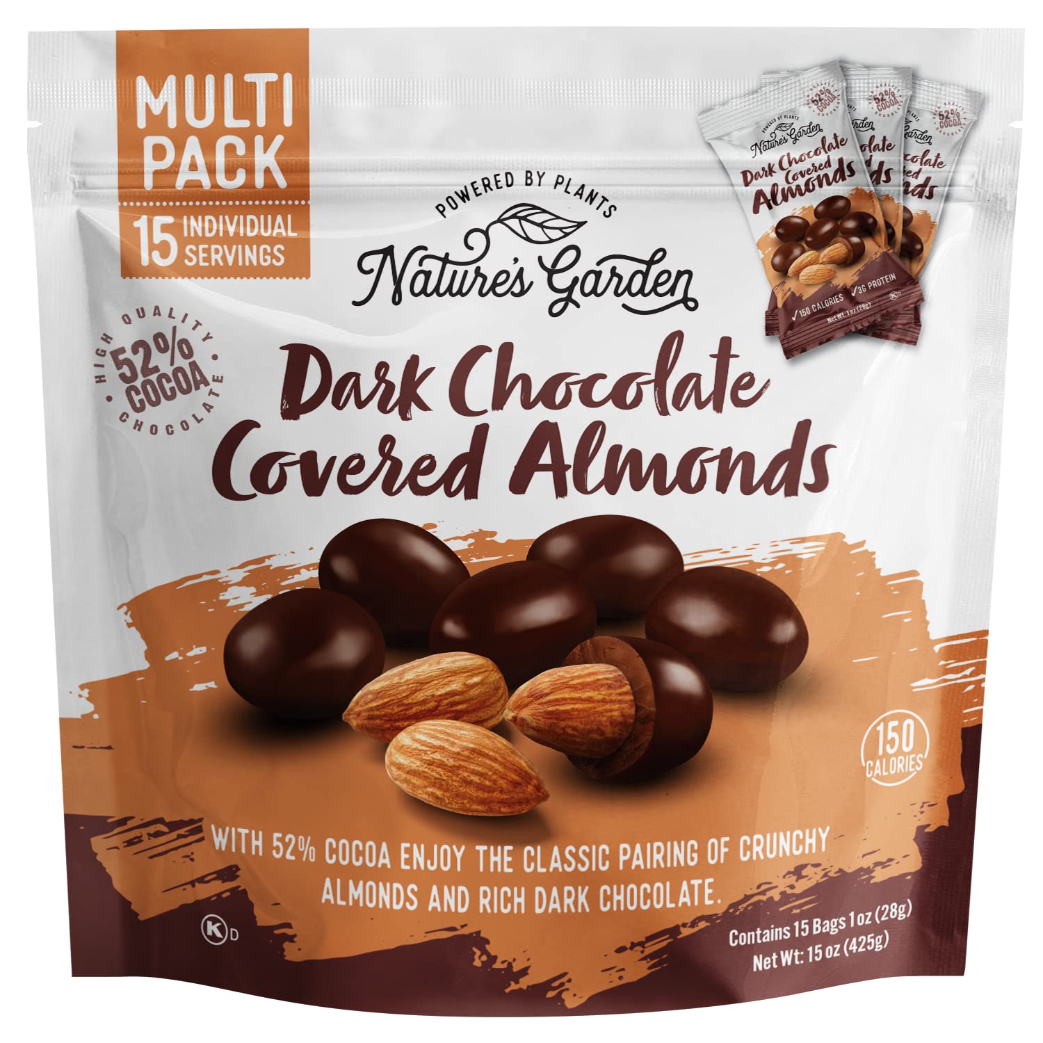 Natures Garden Dark Chocolate Covered Almonds Snack Packs, Kosher Certified, 1 Oz Bags, 15 Individual Servings