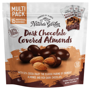 Natures Garden Dark Chocolate Covered Almonds Snack Packs, Kosher Certified, 1 Oz Bags, 15 Individual Servings