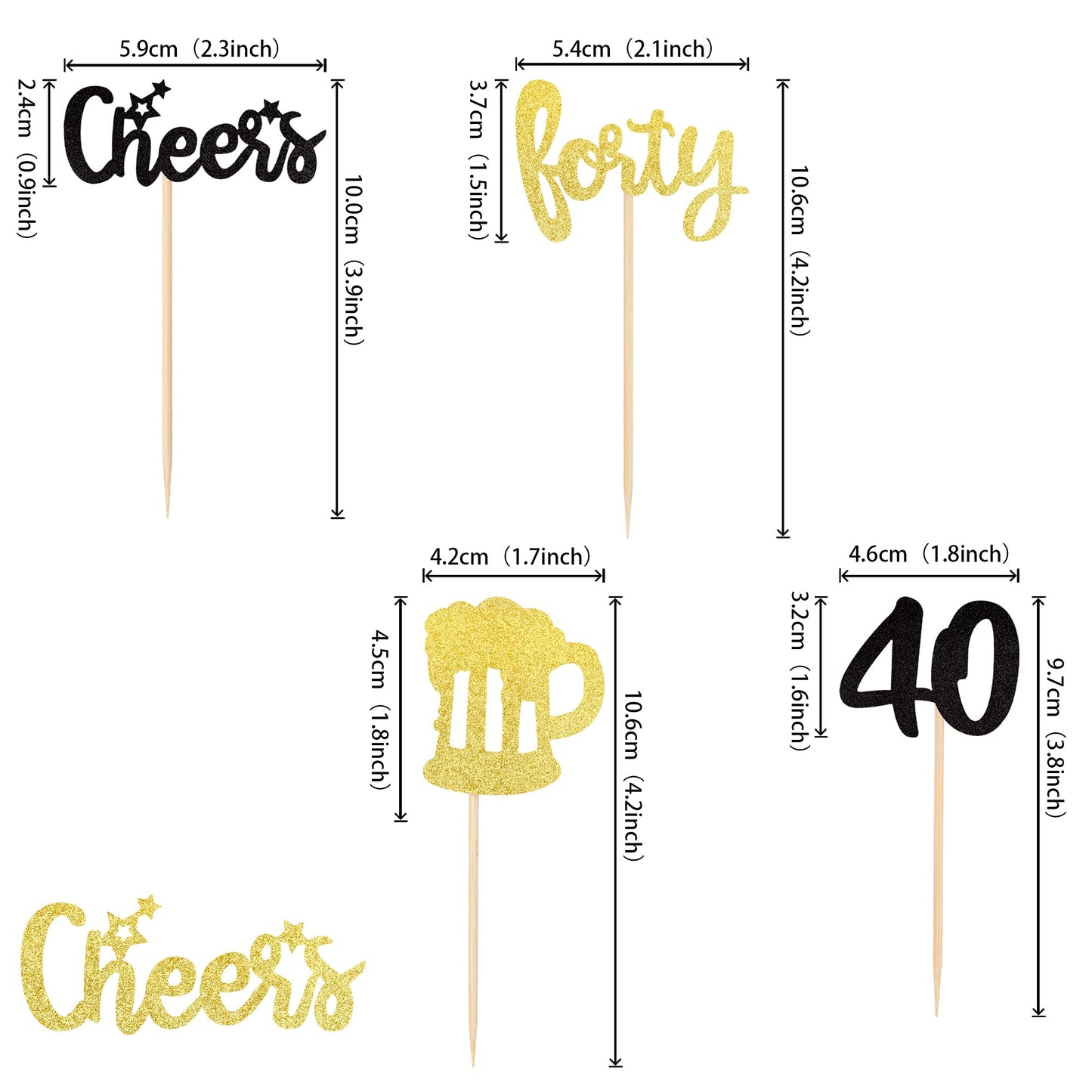 ZHUOWEISM 36 PCS Cupcake Toppers Glitter malt-inspired Mug Decorations for 40th Birthday, Small, Gold+White, Bamboo Material