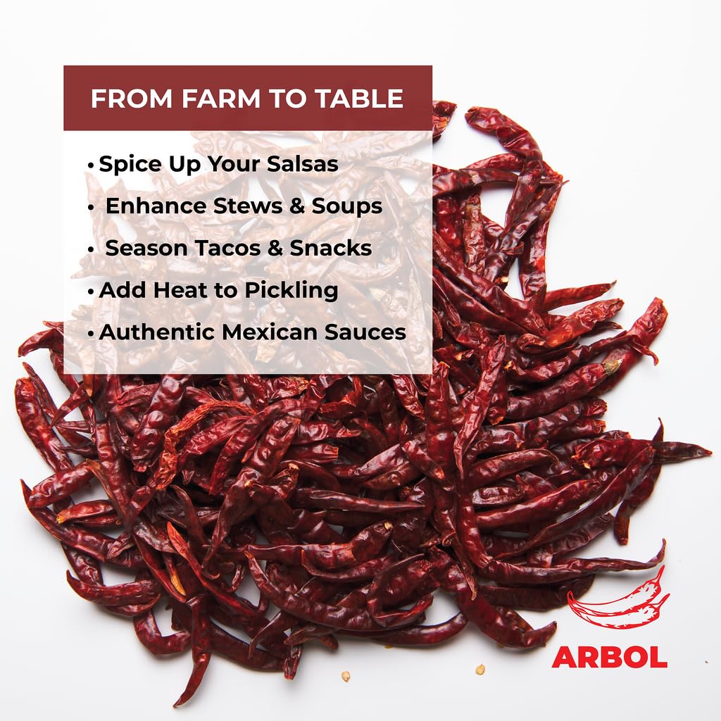Doa Blanca Chile De Arbol 1Lb - Dried Whole Red Chili Peppers - Premium Dried Stemless Chiles - Spicy Hot Heat - Use In Mexican,