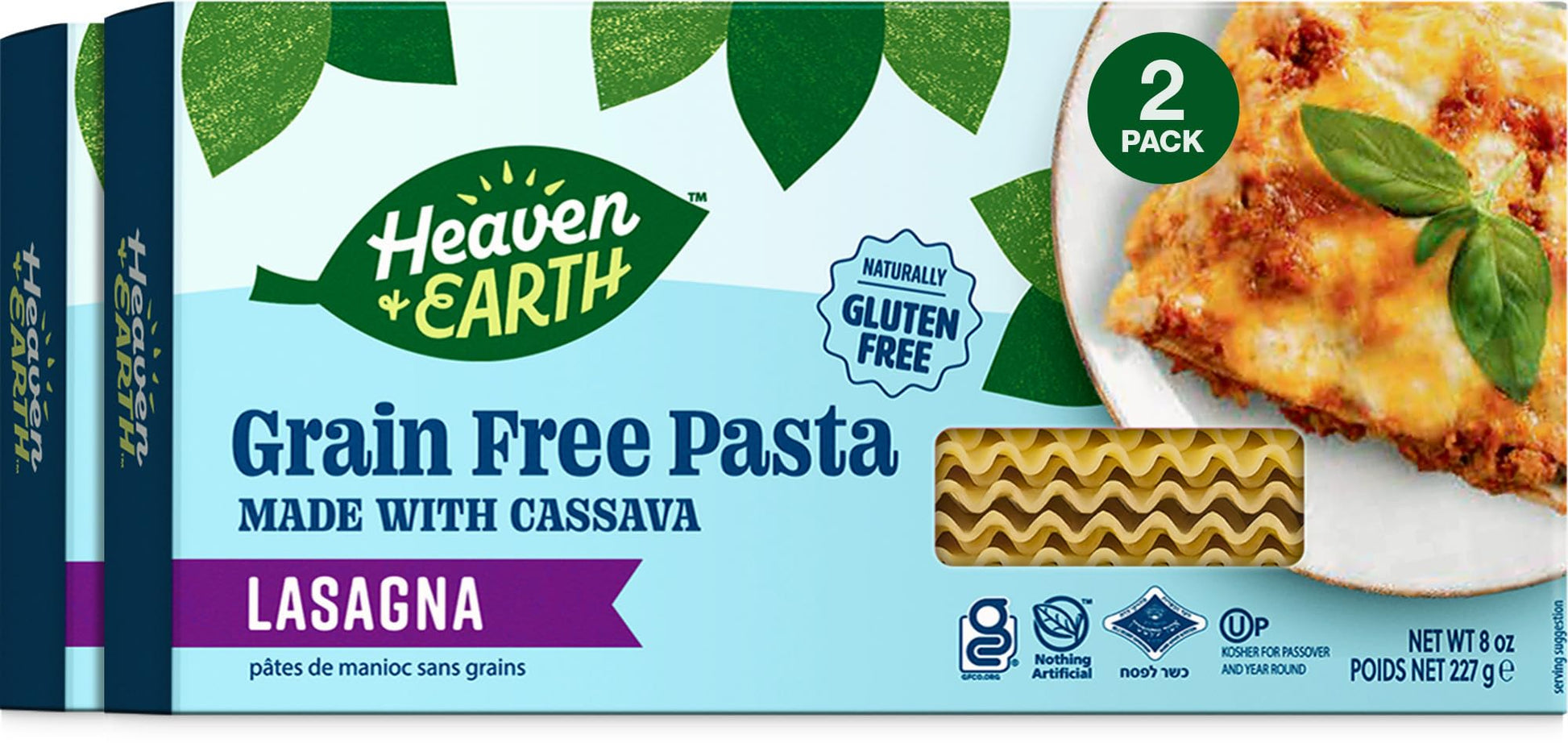 Heaven & Earth Grain Free Pasta, Cassava Lasagna Pasta, 8oz (2 Pack) | Paleo Pasta | Vegan | Certified Gluten Free | Kosher for 