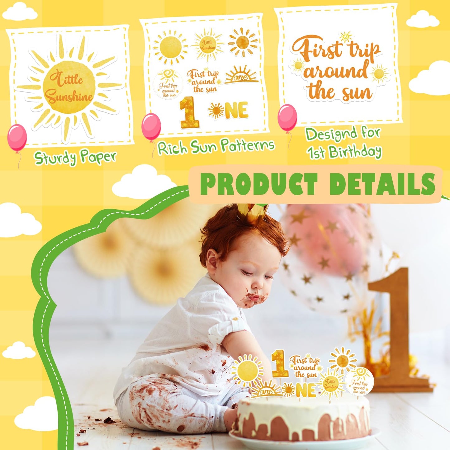 Weecent 48 Pcs First Trip Around The Sun Cake Topper, Sunshine Cupcake Toppers Sun Cupcake Toppers 1St Birthday Decorations For