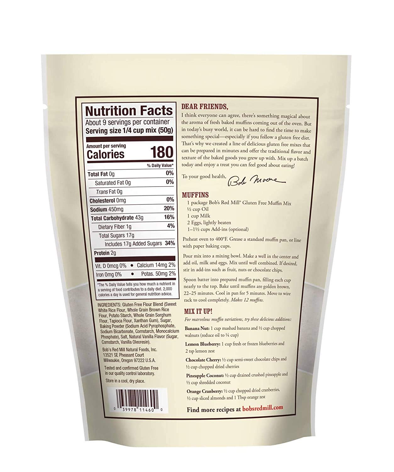 Bobs Red Mill Gluten Free Muffin Mix, 16 Oz (Pack of 3)