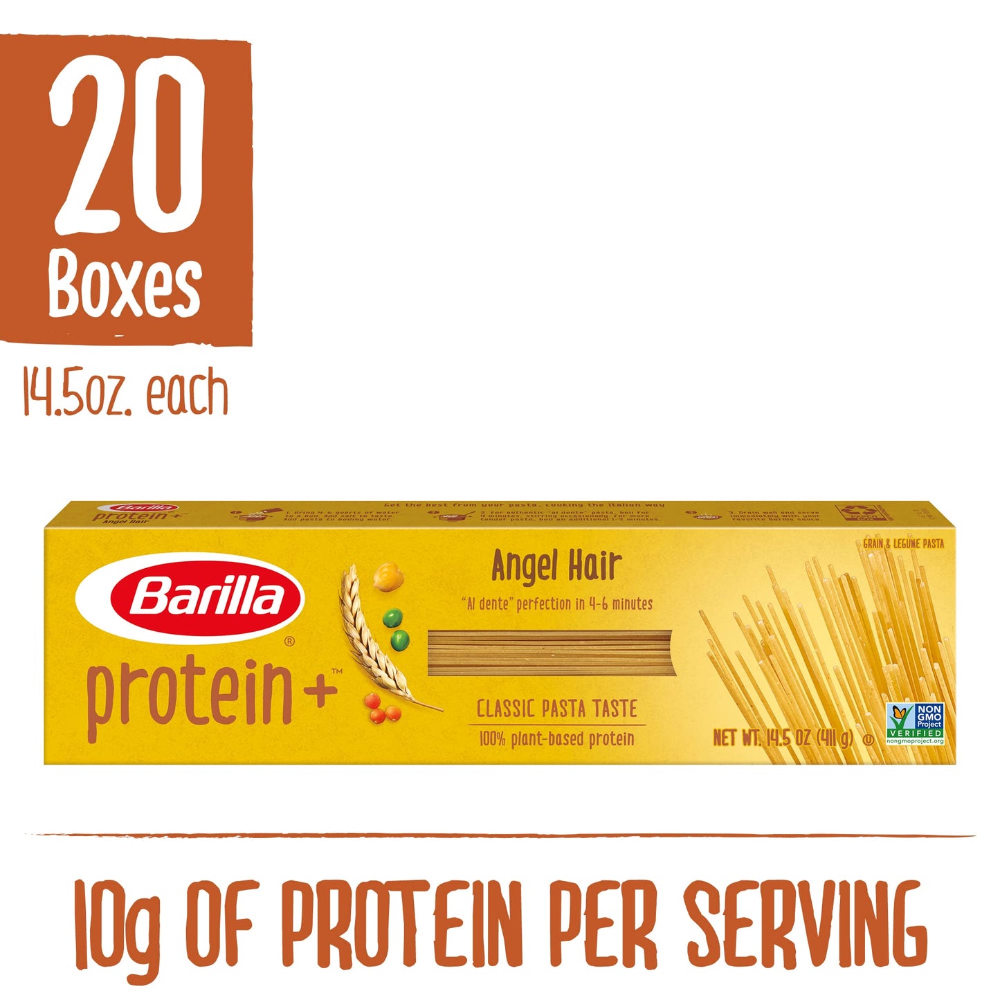 Barilla Protein+ (Plus) Angel Hair Pasta, 14.5 Ounce (Pack of 20) - plant based - Made from Lentils, Chickpeas & Peas - Non-GMO,
