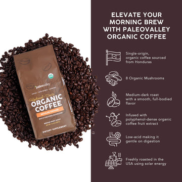 Paleovalley Organic Ground Coffee, 12oz - Low Acid, Single-Origin, Polyphenol-Rich, Mushroom & Coffee Fruit Infused