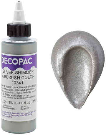 Decopac Premium Airbrush Color, True Silver Shimmer, Edible Airbrush Paint For Decorating Cakes, Cupcakes, And Cookies, Food Coloring, 4Oz