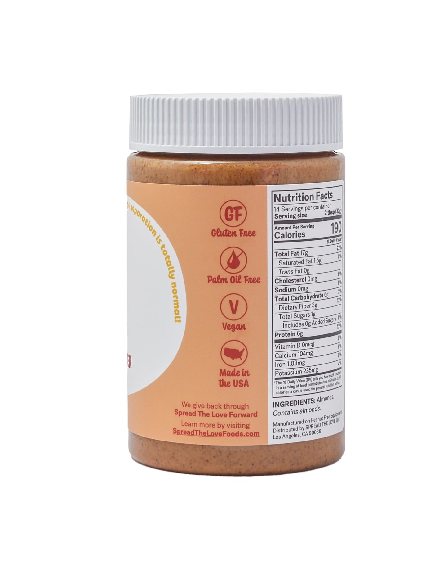 Spread The Love UNSALTED Almond Butter  16 Ounce (All Natural  Vegan  Gluten-free  Creamy  No added salt  No added sugar  No palm fruit oil  Not pasteurized with PPO)