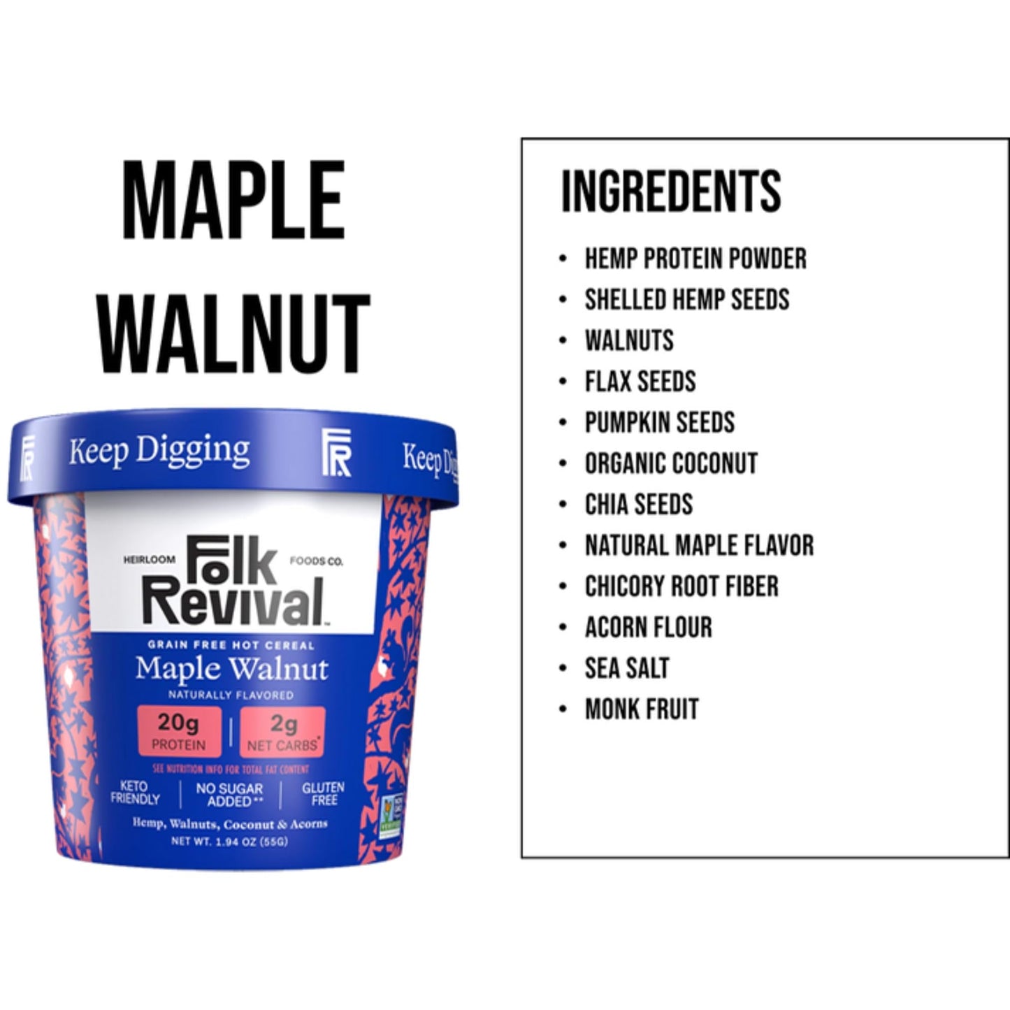 Folk Revival Maple Walnut Keto Instant Oatmeal - 20G Protein, 2G Net Carbs, High Fiber, Non Gmo, Gluten Free, Made With Acorns -